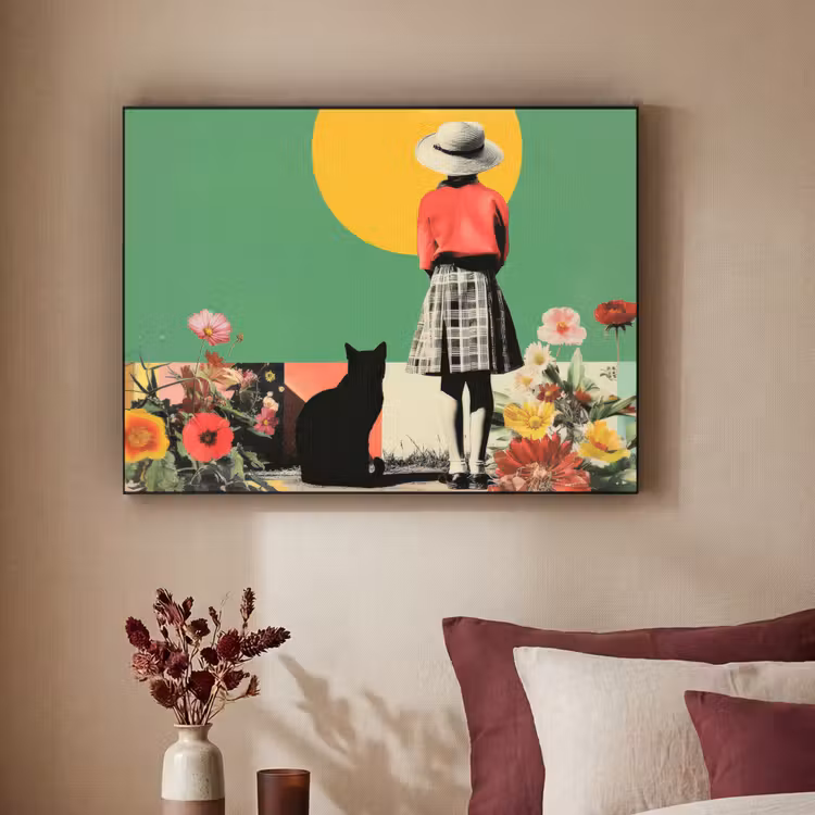 Retro - Meisje - Kat - Zon Textielframe - compleet frame klein -sfeer1