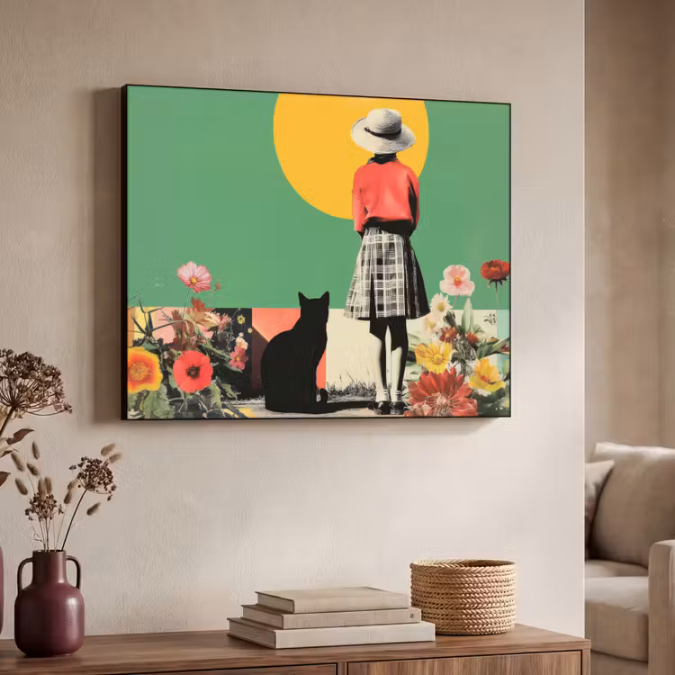Retro - Meisje - Kat - Zon Textielframe zwart klein -sfeer3