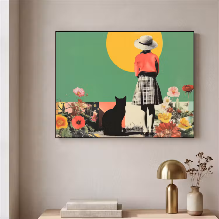 Retro - Meisje - Kat - Zon Textielframe - compleet frame klein -sfeer2