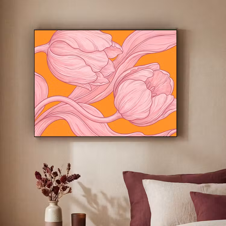 Art Frame - Rosa Blumen – Modern - Roze bloemen - Modern Textielframe zwart klein