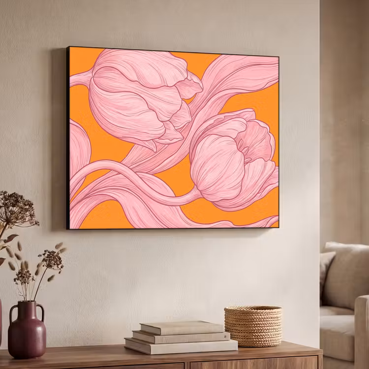 Art Frame - Rosa Blumen – Modern - Roze bloemen - Modern Textielframe zwart klein