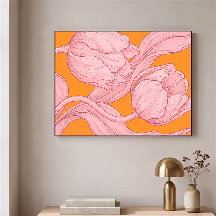 Art Frame - Rosa Blumen – Modern - Roze bloemen - Modern Textielframe zwart klein