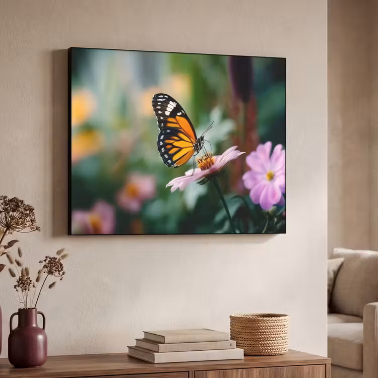 Roze bloemen - Vlinder - Zachte focus Textielframe - compleet frame klein -sfeer3