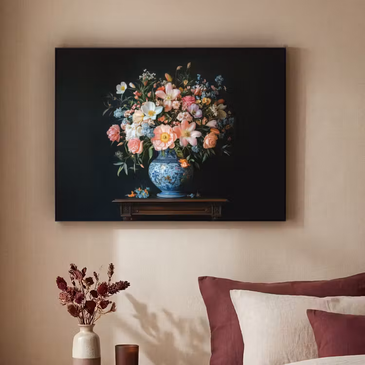 Roze - Bloemen - Vaas - Kleuren Textielframe zwart klein -sfeer1