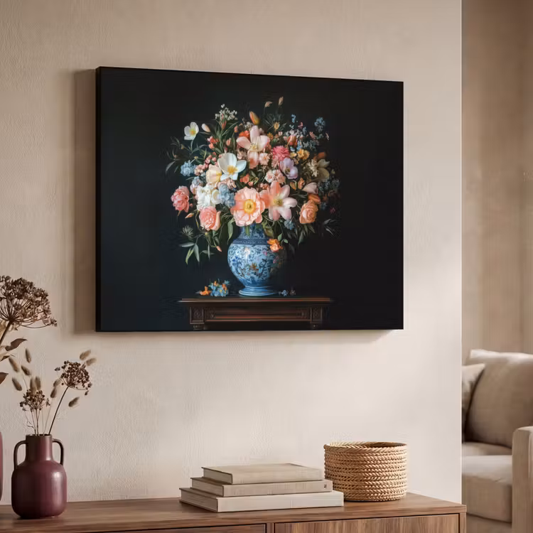 Roze - Bloemen - Vaas - Kleuren Textielframe - compleet frame klein -sfeer3