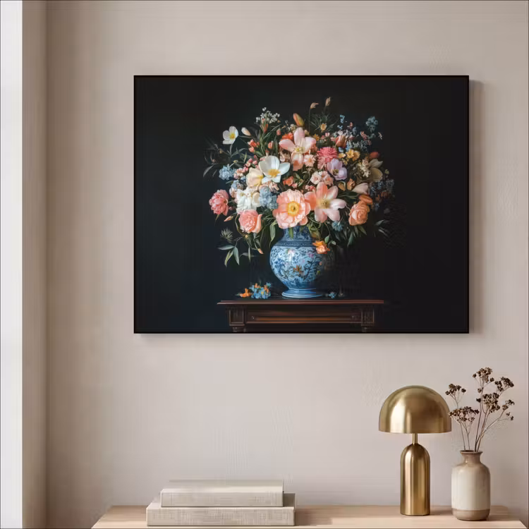 Roze - Bloemen - Vaas - Kleuren Textielframe zwart klein -sfeer2