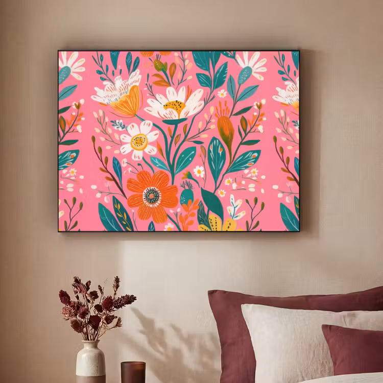 Roze - Bloemen - Wit - Oranje Textielframe zwart klein -sfeer1