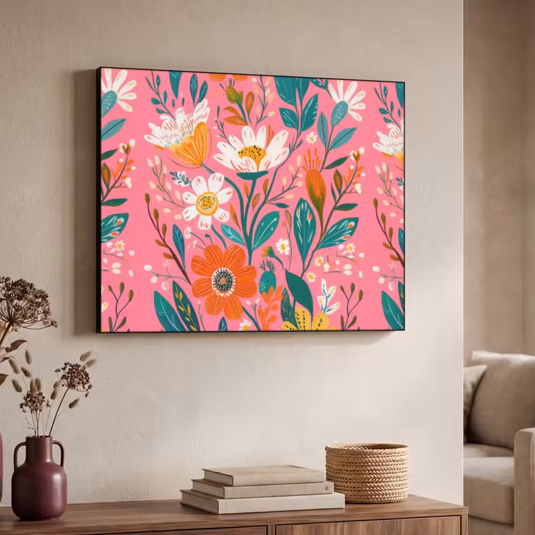 Roze - Bloemen - Wit - Oranje Textielframe zwart klein -sfeer3