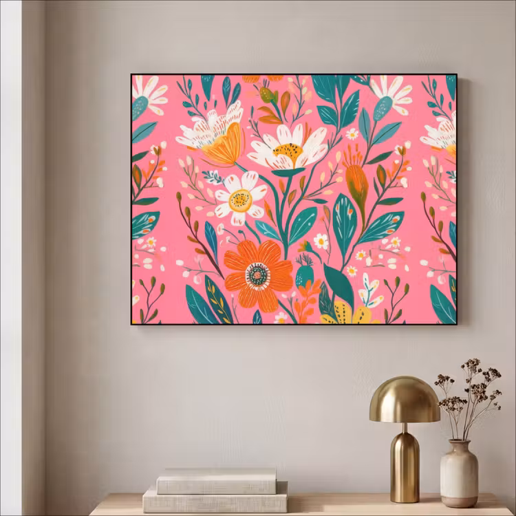 Roze - Bloemen - Wit - Oranje Textielframe zwart klein -sfeer2