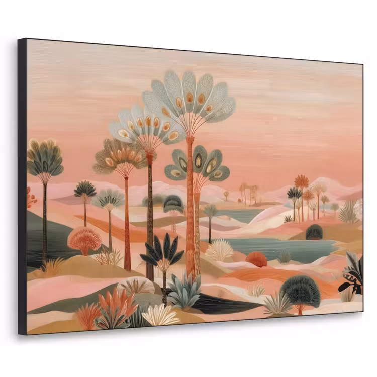 Roze landschap - Palmen - Water Textielframe - compleet frame klein -3d