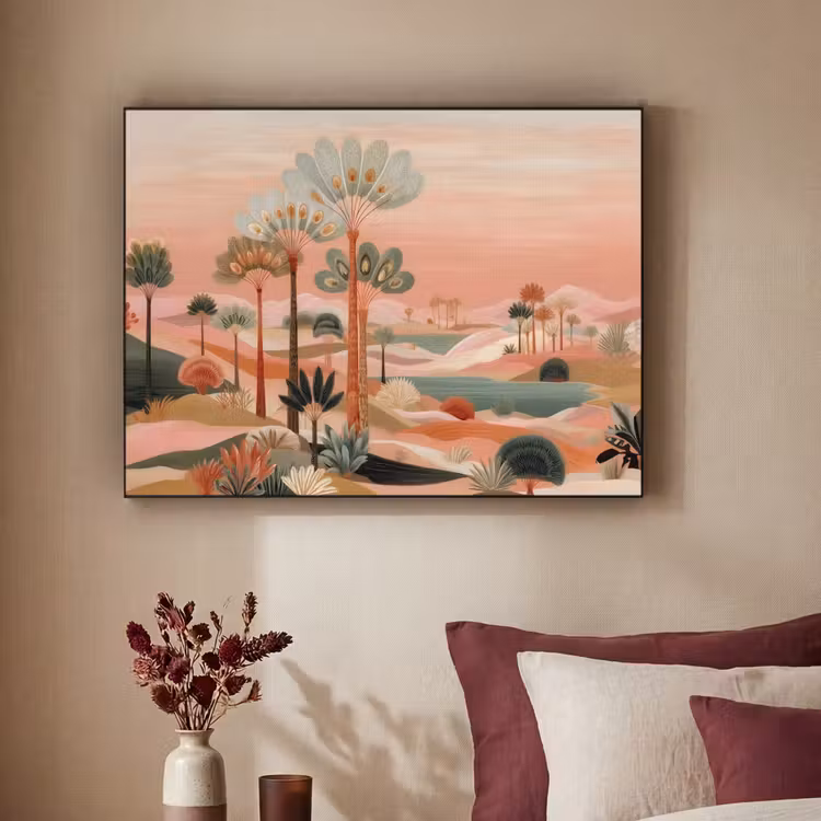 Roze landschap - Palmen - Water Textielframe zwart klein -sfeer1