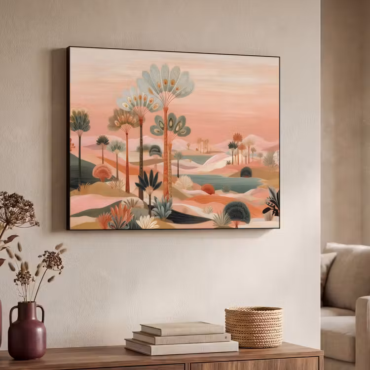 Roze landschap - Palmen - Water Textielframe zwart klein -sfeer3