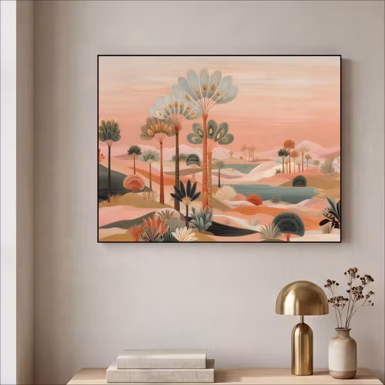 Roze landschap - Palmen - Water Textielframe zwart klein -sfeer2