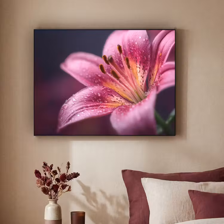 Roze - lelie - Dauwdruppels Textielframe - compleet frame klein -sfeer1