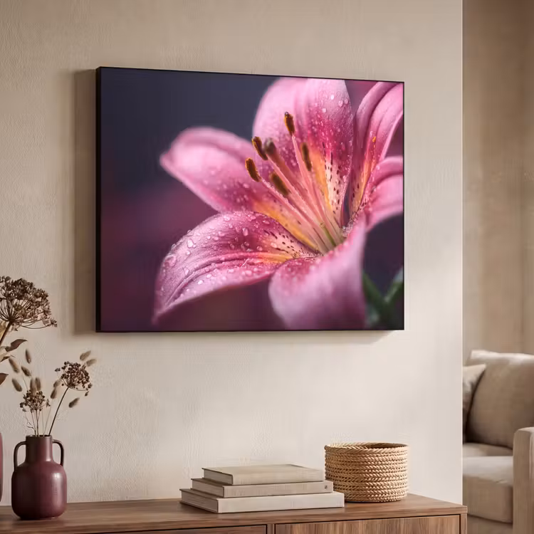 Roze - lelie - Dauwdruppels Textielframe zwart klein -sfeer3