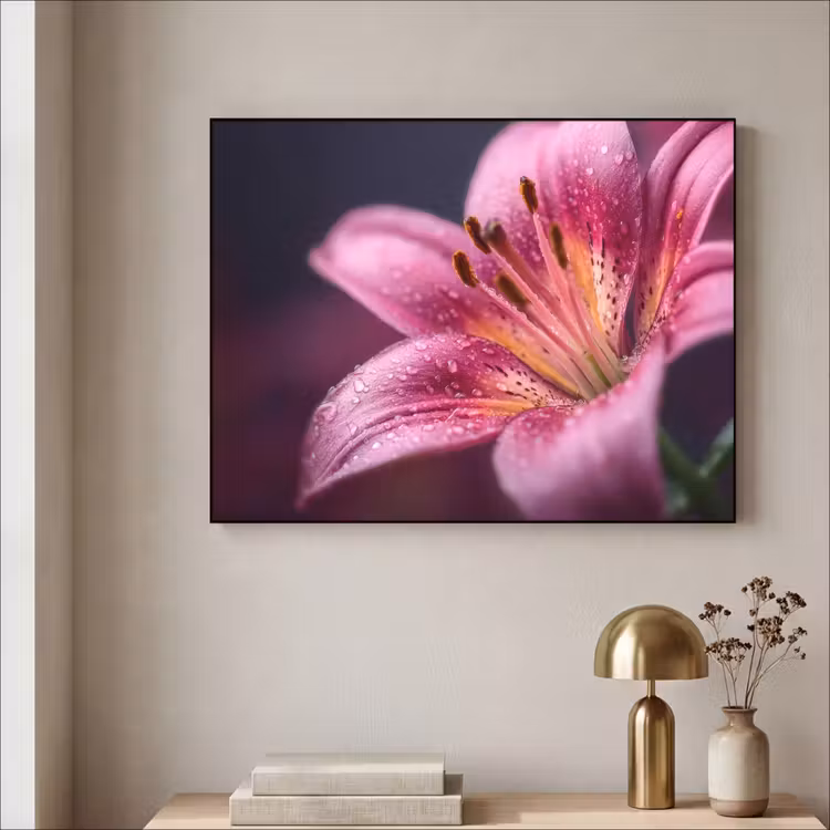 Roze - lelie - Dauwdruppels Textielframe - compleet frame klein -sfeer2