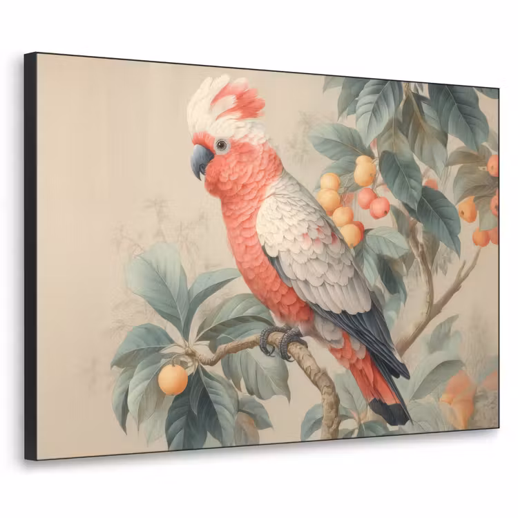 Roze kuifkaketoe - Tak met vruchten - Bladeren Textielframe zwart klein -3d