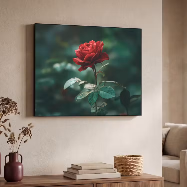 Roos - Bladeren - Dieprood Textielframe zwart klein -sfeer3