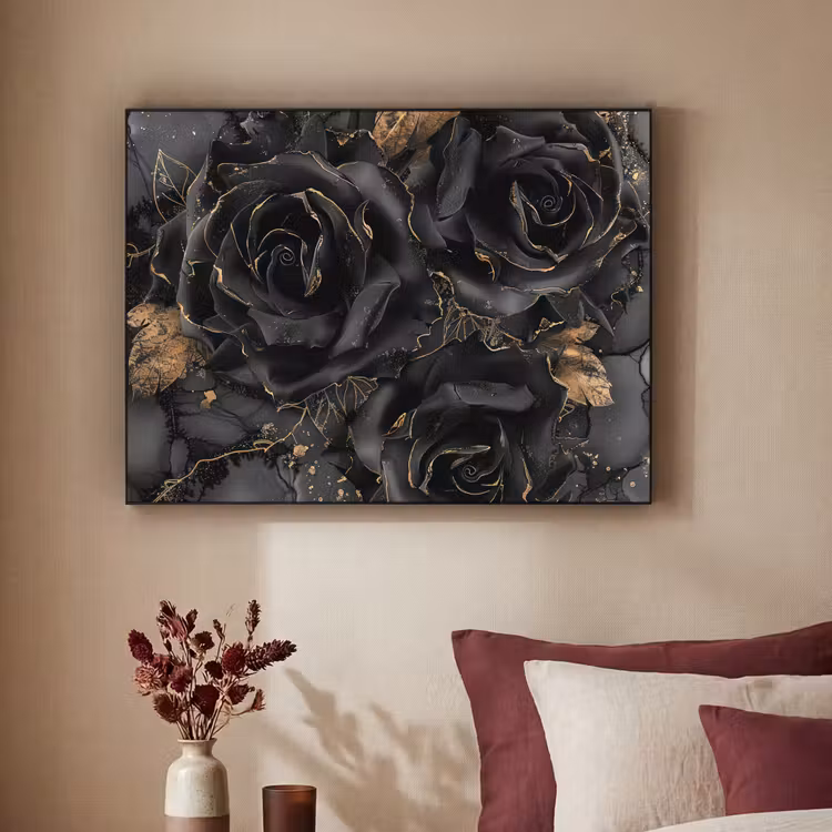 Rozen - Zwart - Bloemen - Goud Textielframe zwart klein -sfeer1