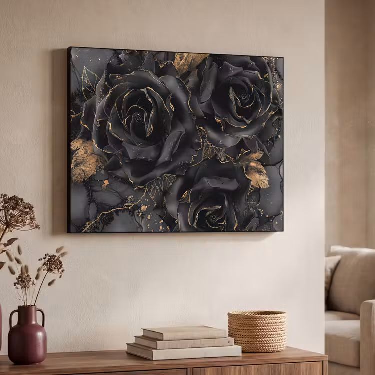 Rozen - Zwart - Bloemen - Goud Textielframe zwart klein -sfeer3