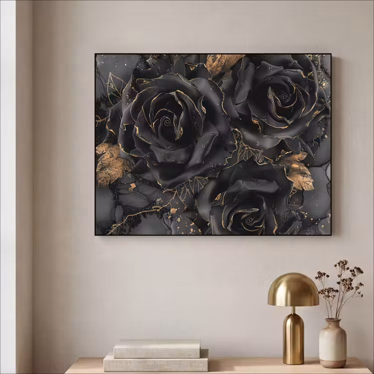 Rozen - Zwart - Bloemen - Goud Textielframe zwart klein -sfeer2
