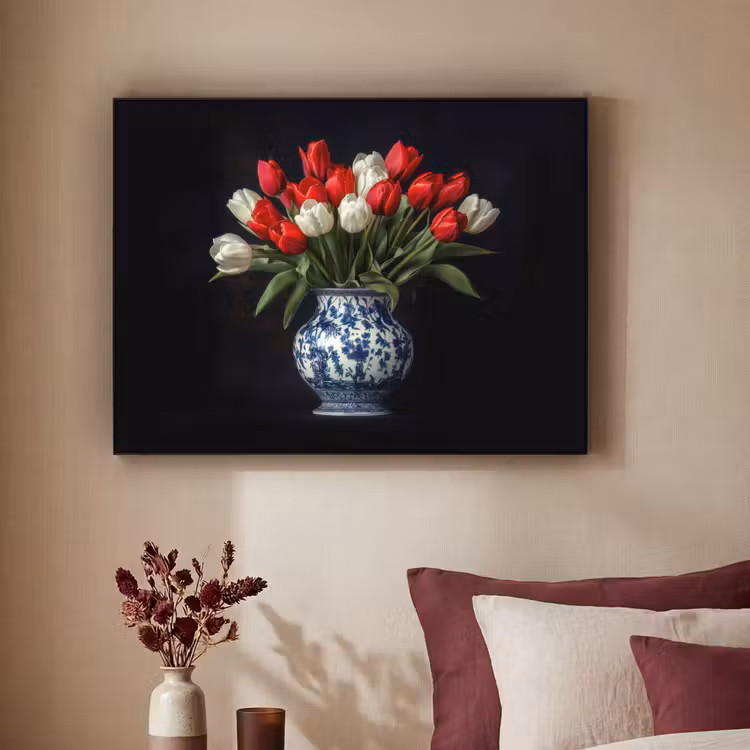 Rode - Bloemen - Tulpen - Vaas Textielframe - compleet frame klein -sfeer1