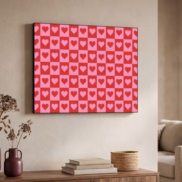 Rood - Roze - Schaakbord - Valentijn Textielframe zwart klein -sfeer3