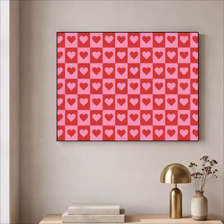 Rood - Roze - Schaakbord - Valentijn Textielframe zwart klein -sfeer2