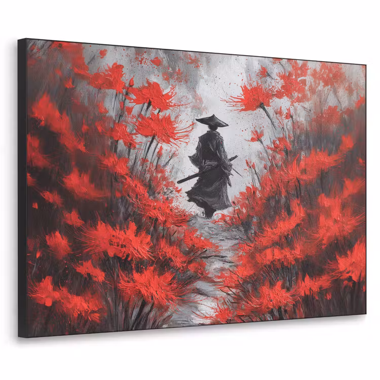 Rode bloemen - mistig - Man Textielframe zwart klein -3d