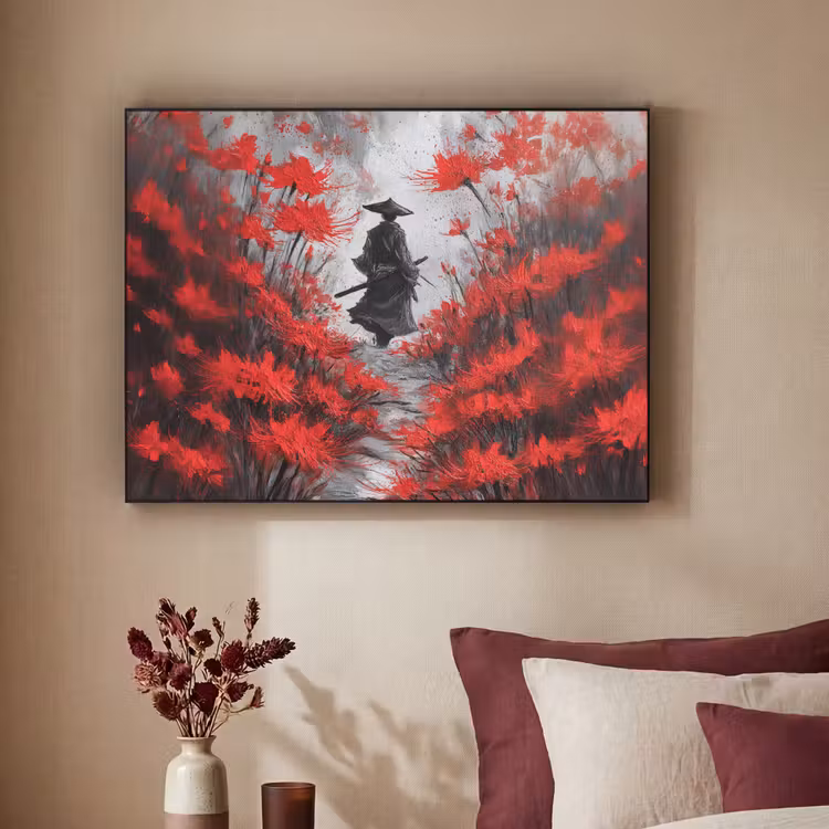 Rode bloemen - mistig - Man Textielframe zwart klein -sfeer1