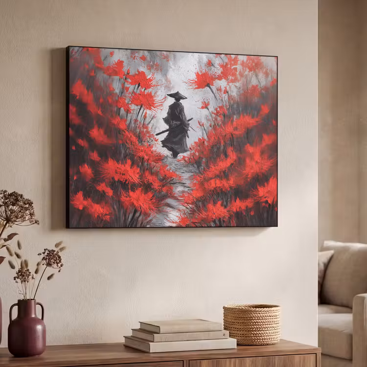 Rode bloemen - mistig - Man Textielframe - compleet frame klein -sfeer3