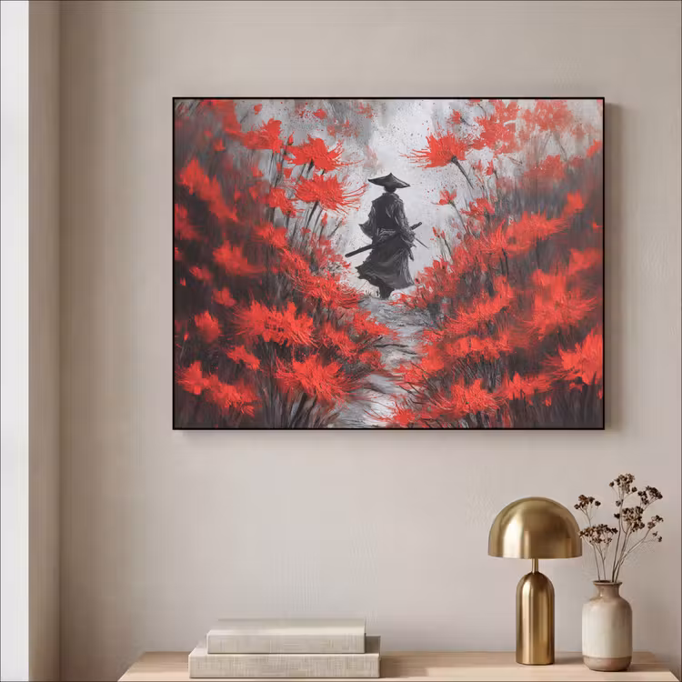Rode bloemen - mistig - Man Textielframe zwart klein -sfeer2