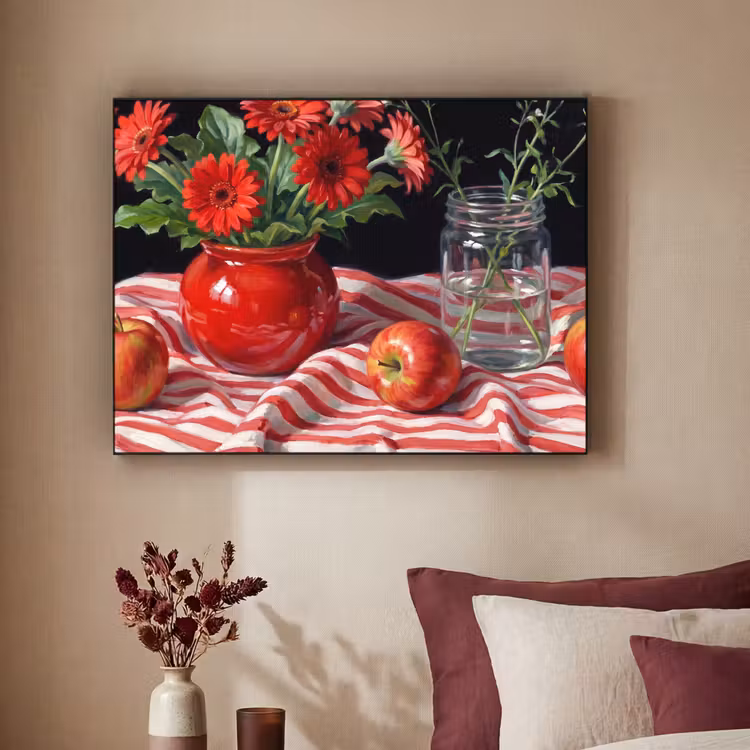 Art Frame - Rote Blumen – Vase - Rode bloemen - Vaas Textielframe zwart klein