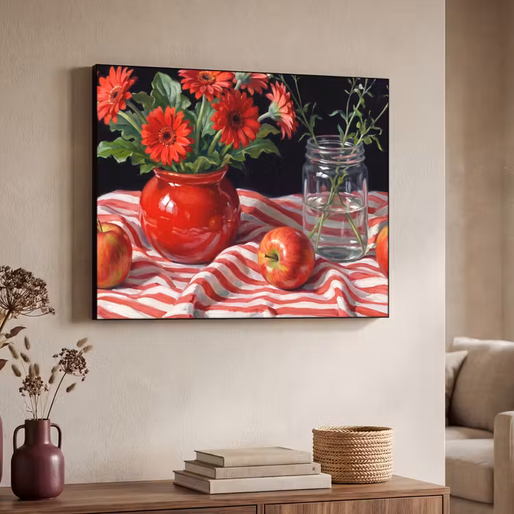 Art Frame - Rote Blumen – Vase - Rode bloemen - Vaas Textielframe zwart klein