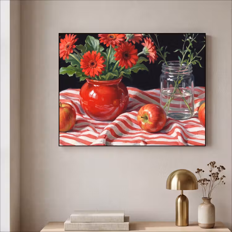 Art Frame - Rote Blumen – Vase - Rode bloemen - Vaas Textielframe zwart klein