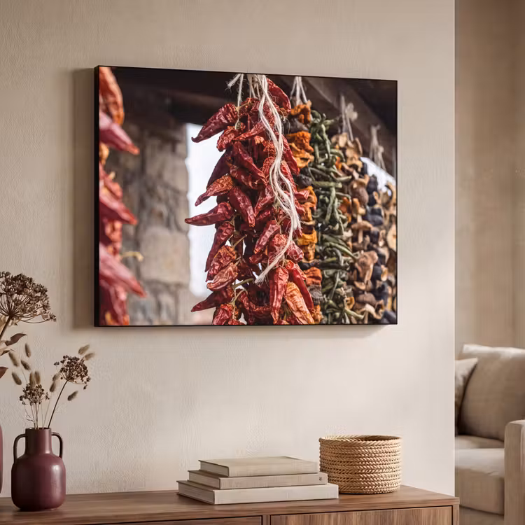 Art Frame - Rote Chilischoten – Essen - Rode pepers - Eten Textielframe zwart klein