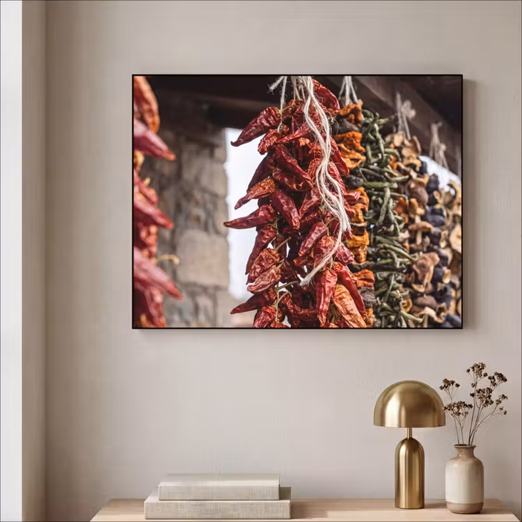 Art Frame - Rote Chilischoten – Essen - Rode pepers - Eten Textielframe zwart klein