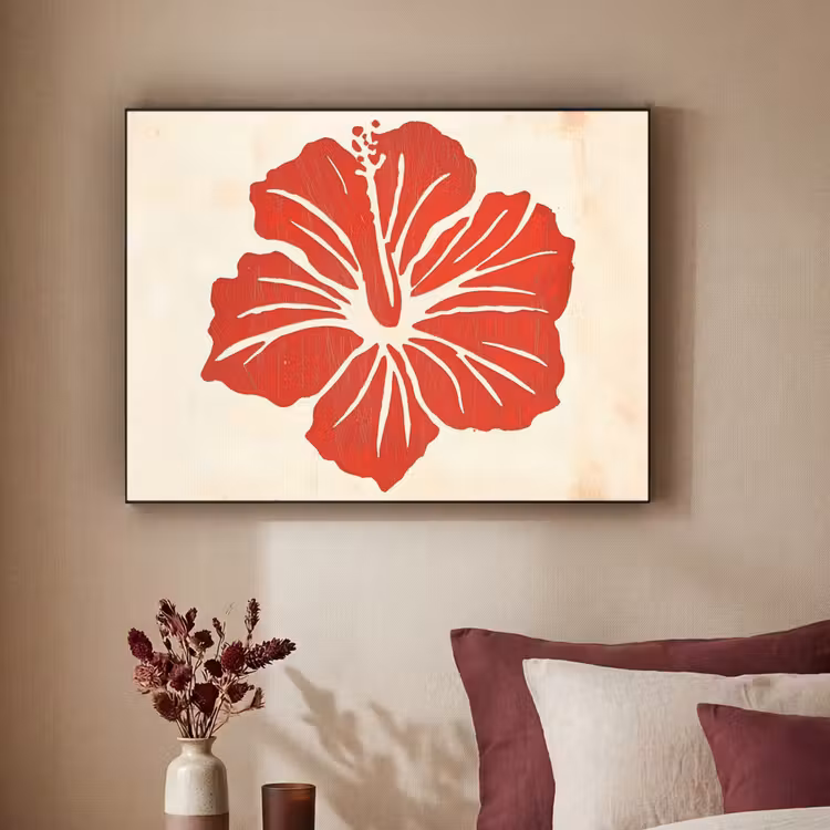 Rode hibiscusbloem - Textuur achtergrond - Beige Textielframe - compleet frame klein -sfeer1