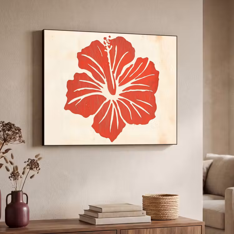 Rode hibiscusbloem - Textuur achtergrond - Beige Textielframe - compleet frame klein -sfeer3