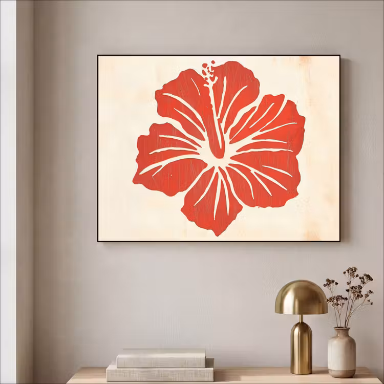 Rode hibiscusbloem - Textuur achtergrond - Beige Textielframe - compleet frame klein -sfeer2