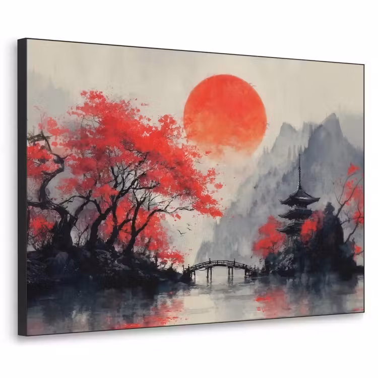Rode zon - Rivier - brug - Bomen Textielframe zwart klein -3d