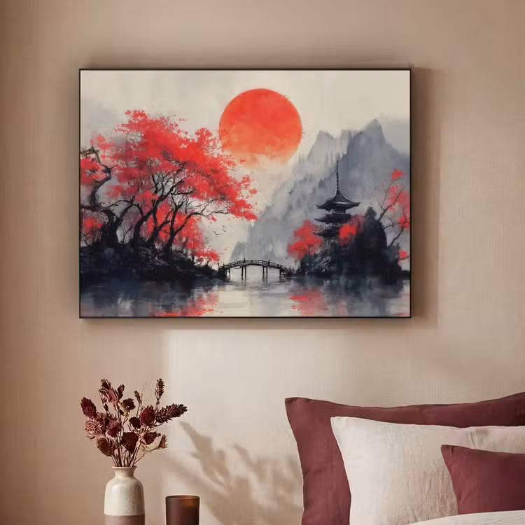 Rode zon - Rivier - brug - Bomen Textielframe - compleet frame klein -sfeer1
