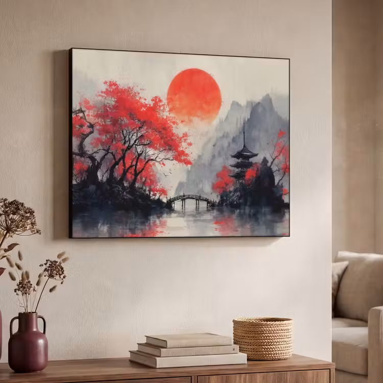 Rode zon - Rivier - brug - Bomen Textielframe - compleet frame klein -sfeer3