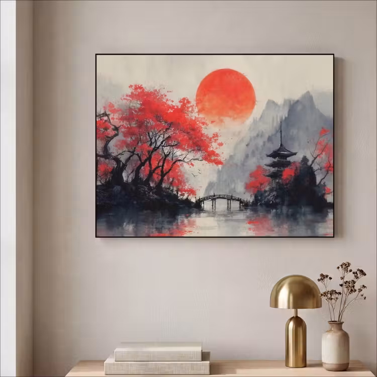 Rode zon - Rivier - brug - Bomen Textielframe - compleet frame klein -sfeer2