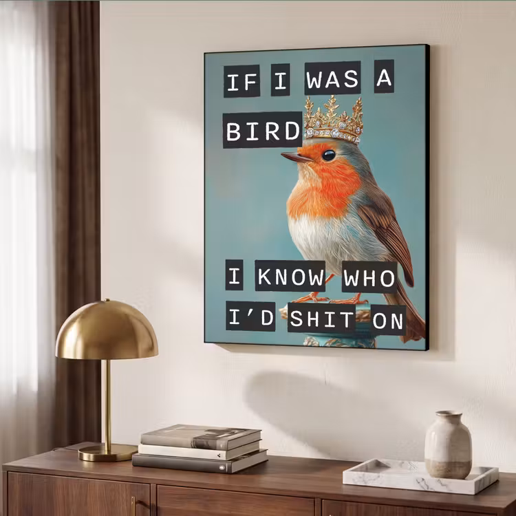 Roodborstje - Vogel - Blauw - Decoratie Textielframe zwart klein -sfeer3