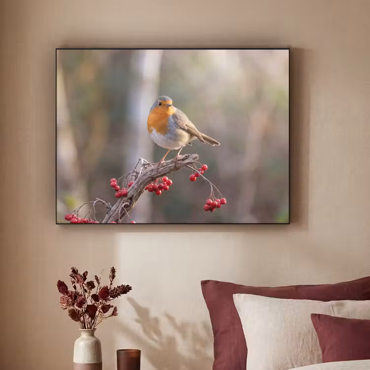 Roodborst - Tak - Bessen - Natuur Textielframe zwart klein -sfeer1