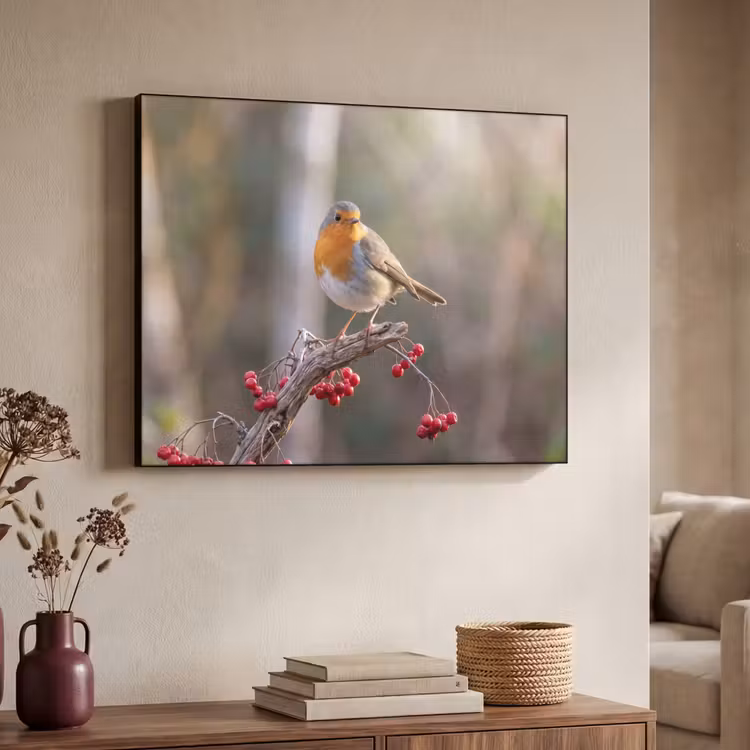 Roodborst - Tak - Bessen - Natuur Textielframe zwart klein -sfeer3