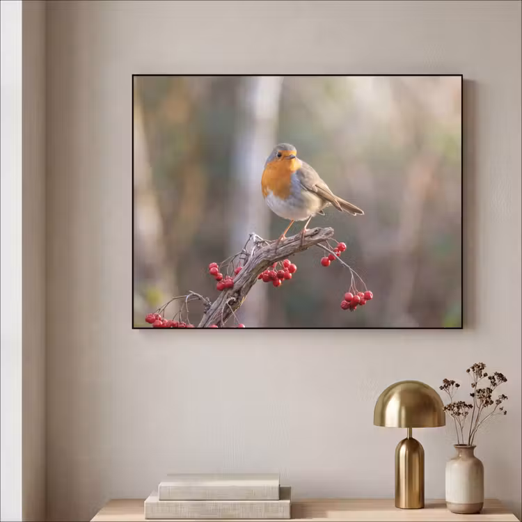 Roodborst - Tak - Bessen - Natuur Textielframe zwart klein -sfeer2