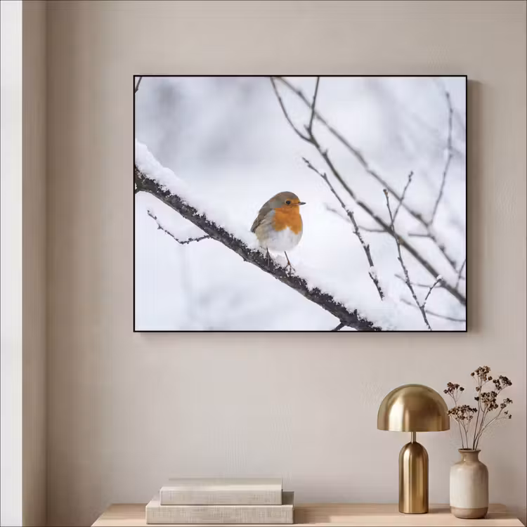 Roodborstje - Tak - Sneeuw - Winter - Levendig Textielframe zwart klein -sfeer2