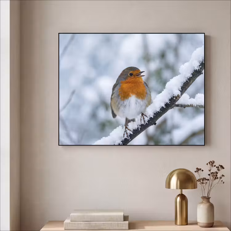 Roodborstje - Tak - Sneeuw - Winter - Levendig Textielframe zwart klein -sfeer2